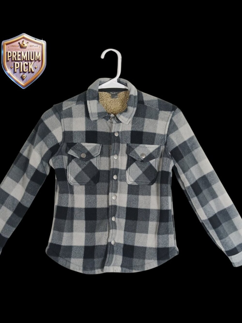 Eddie Bauer Boys Sherpa Lined Flannel Jacket Sz 8 Plaid Gray Black Button Front
